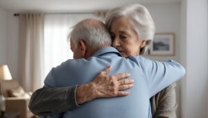 elderly couple hugging